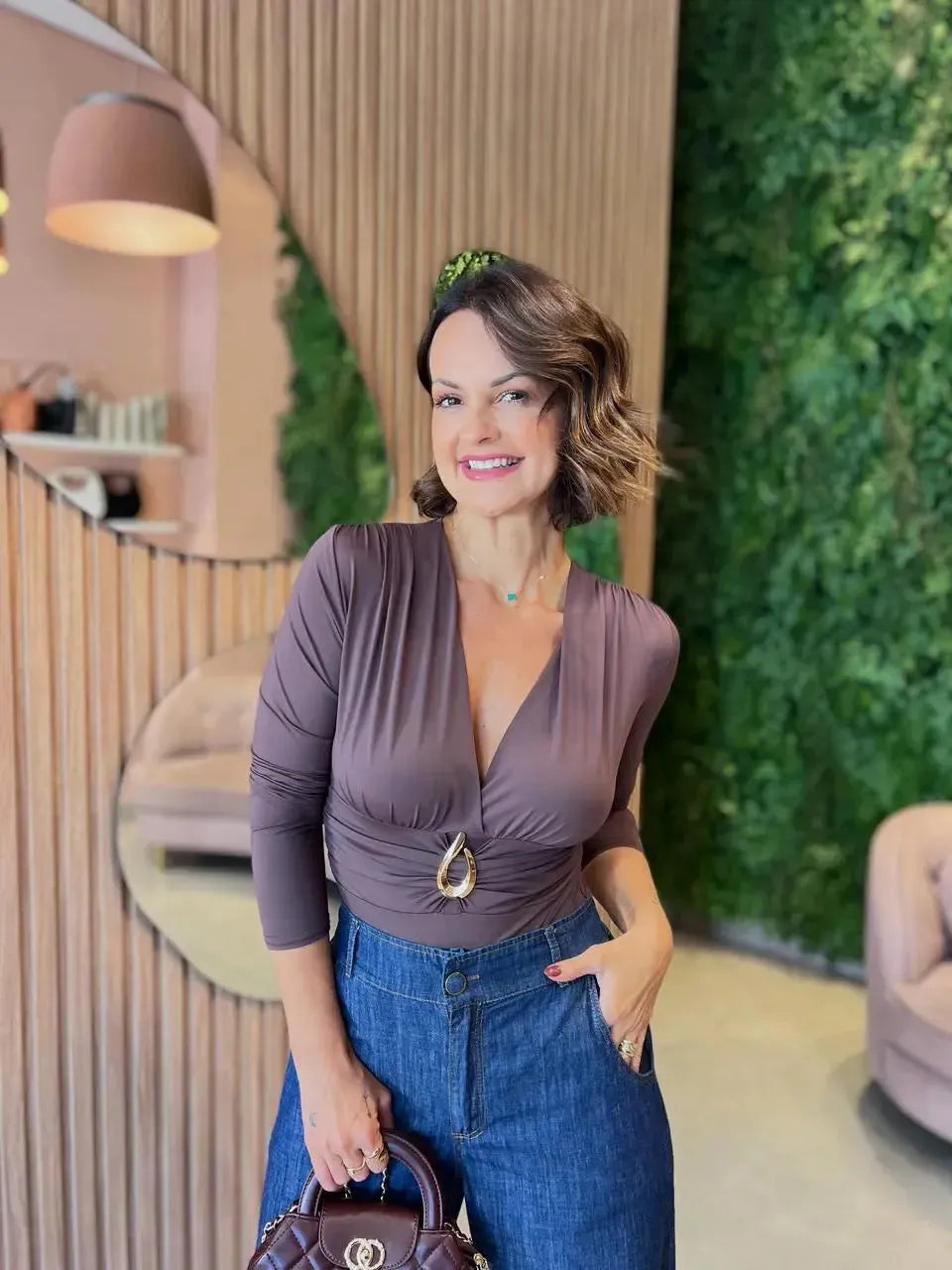 Body manga longa em poliamida, Marrom