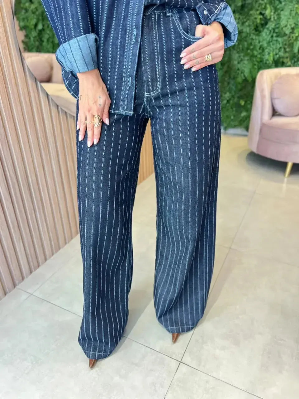 Calça Jeans Wide Leg Risca de Giz