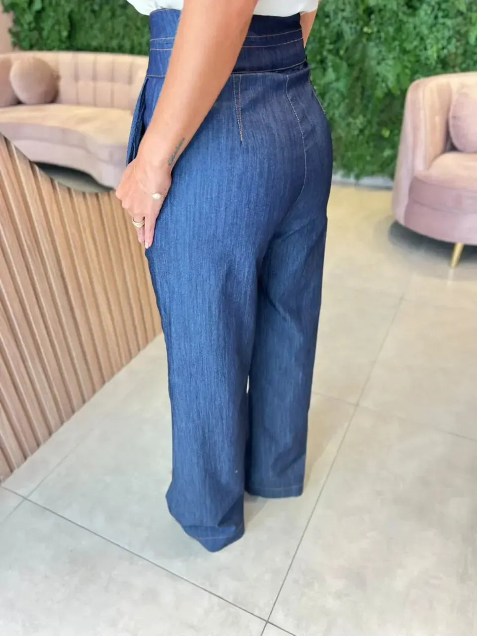 Calça Pantalona Jeans Cintura Alta