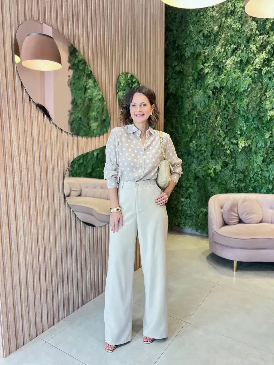 Calça Pantalona em Alfaitaria, Bege