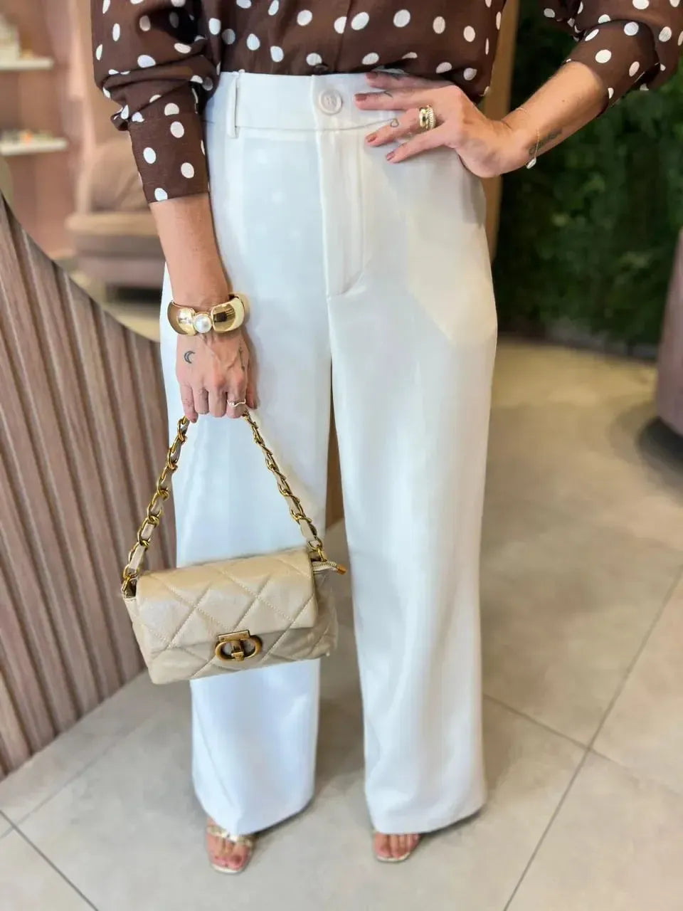 Calça Pantalona em Alfaitaria, Creme