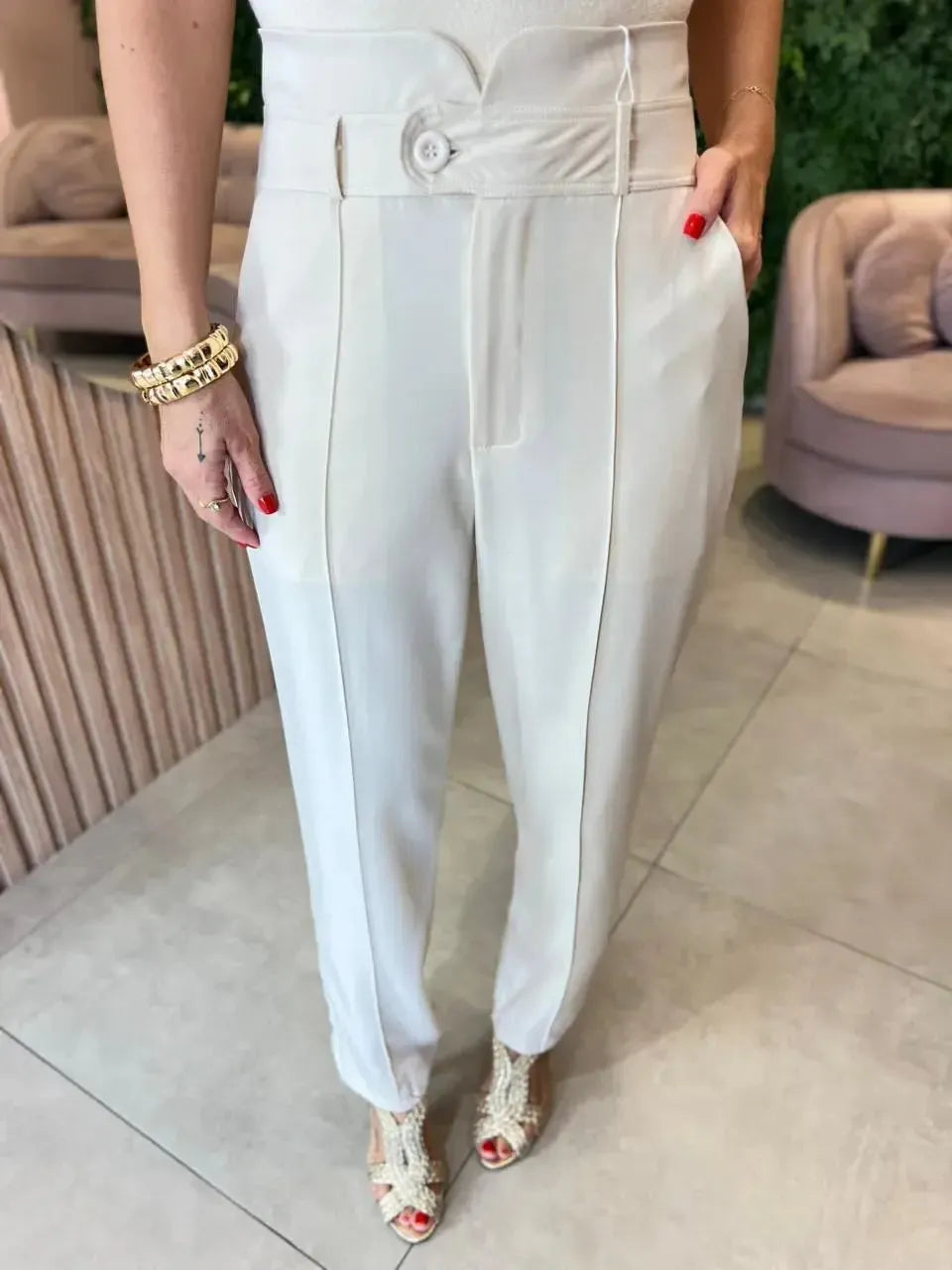 Calça Reta em Alfaiataria, Bege