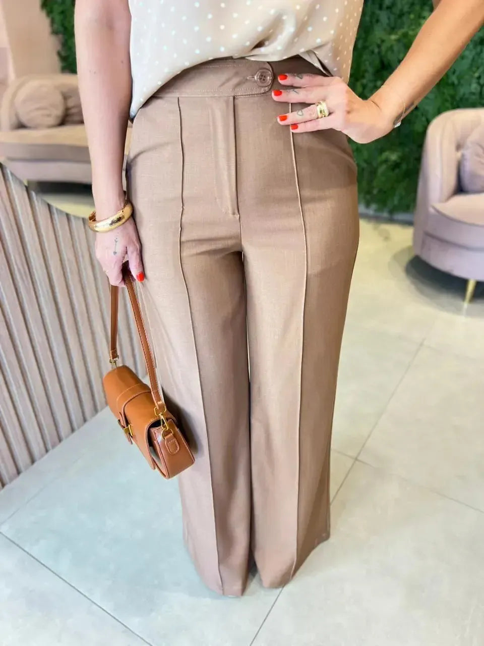 Calça pantalona Cintura alta, Bege