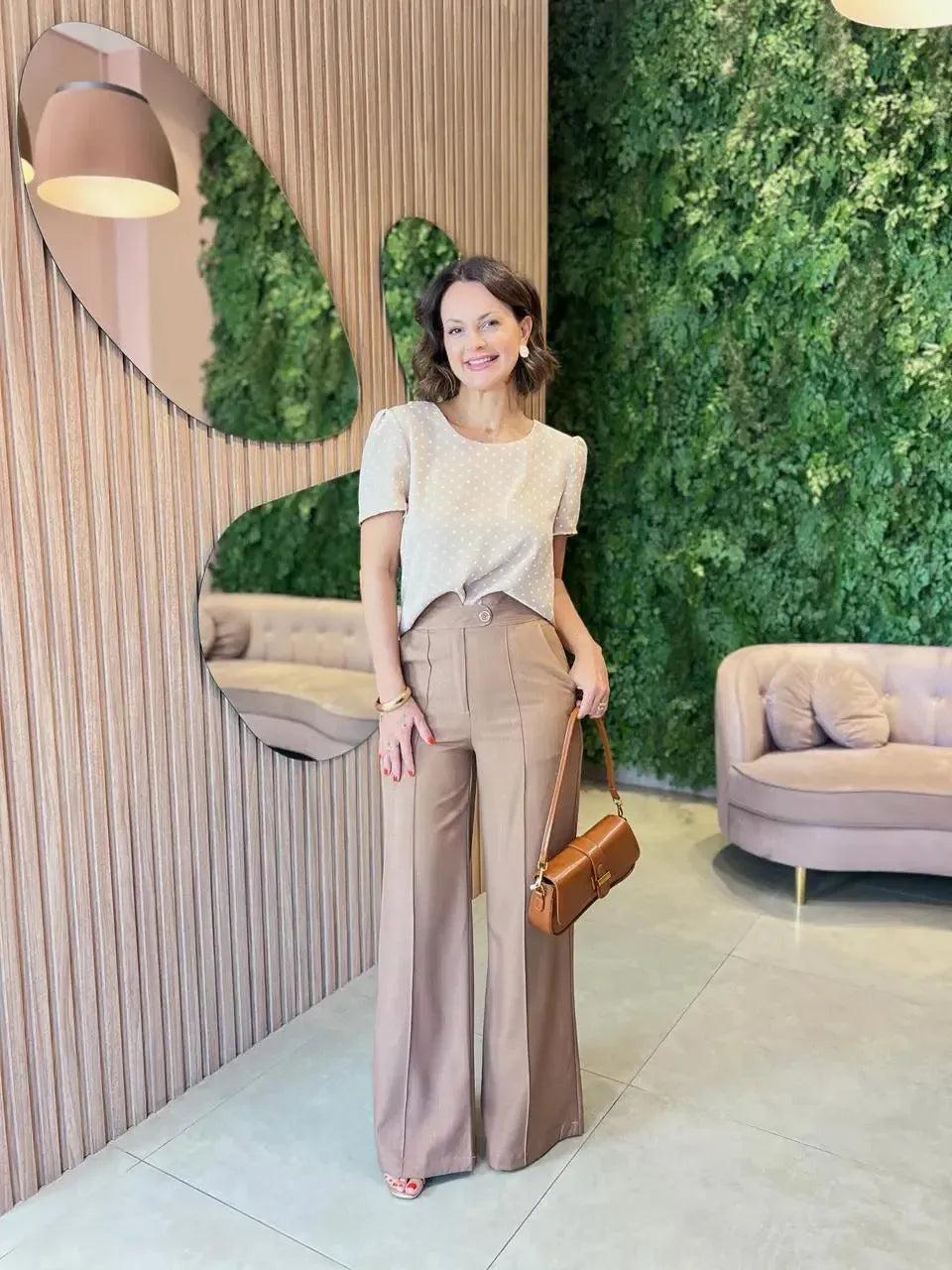 Calça pantalona Cintura alta, Bege