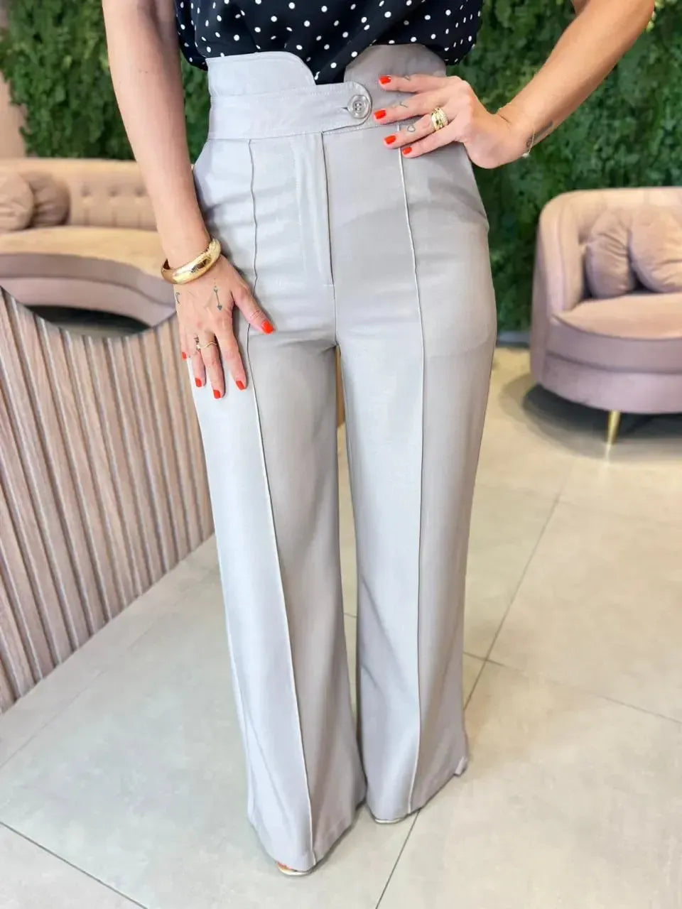 Calça pantalona Cintura alta, Cinza