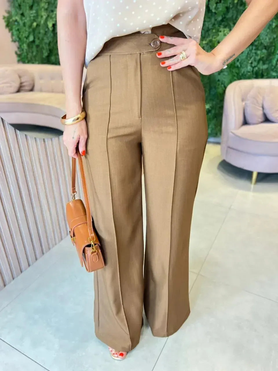 Calça pantalona Cintura alta, Marrom