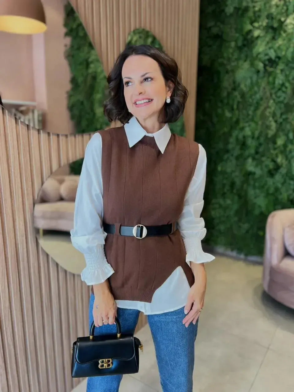 Camisa + Colete em Tricô Modal, Marrom Escuro