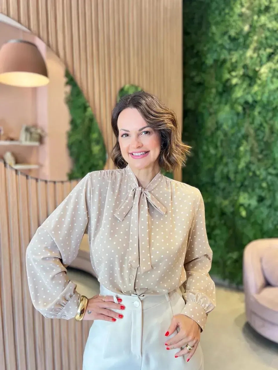 Camisa Poa com Detalhe Amarração, Nude