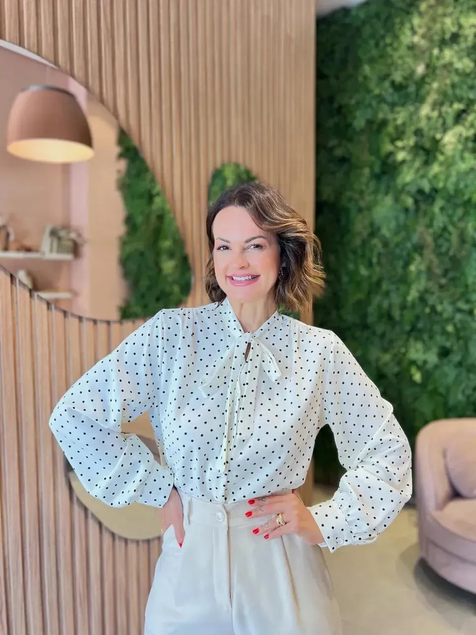 Camisa Poa com Detalhe Amarração, Off White