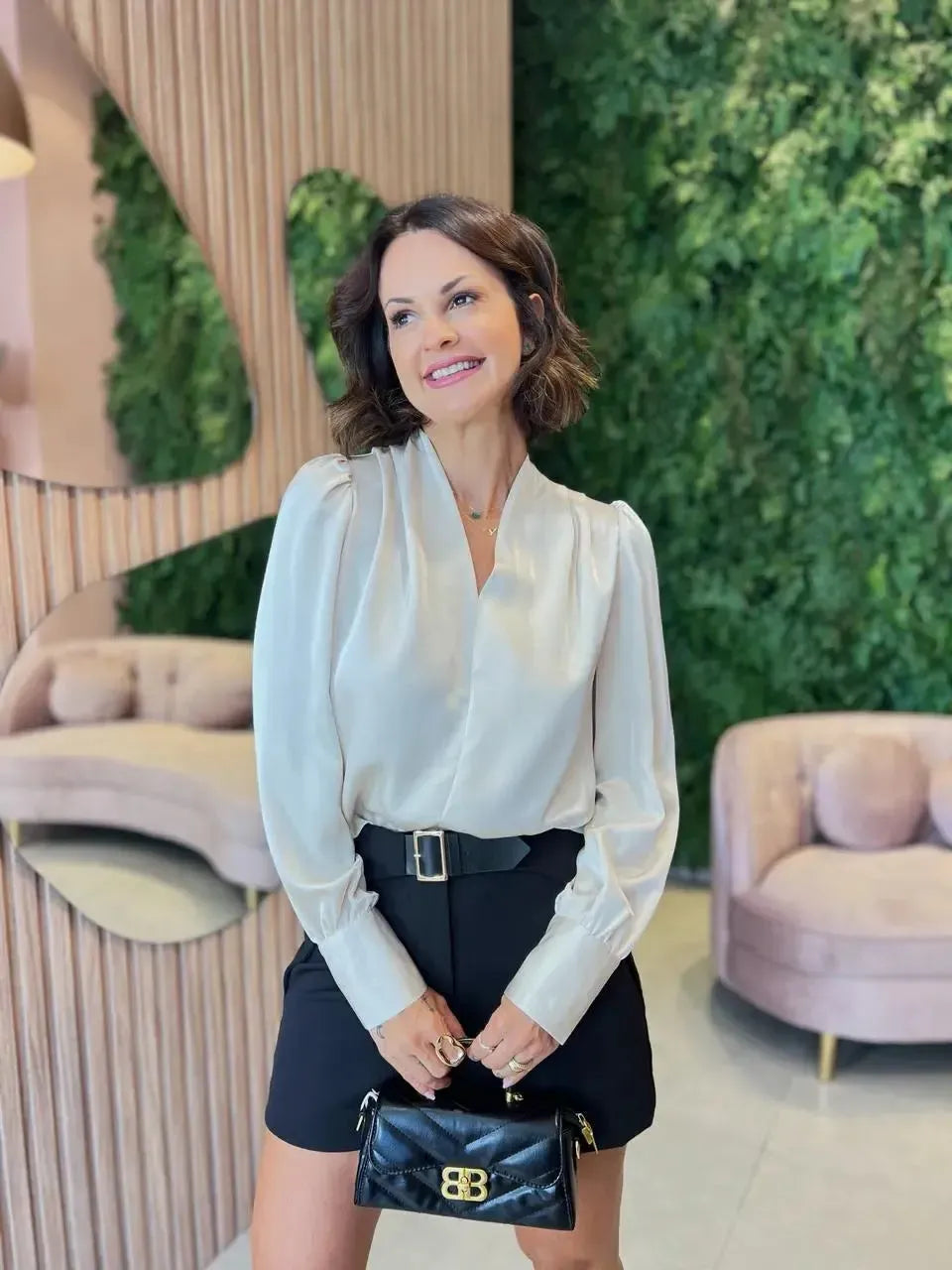 Camisa em Cetim com Detalhe Drapeado, Champanhe