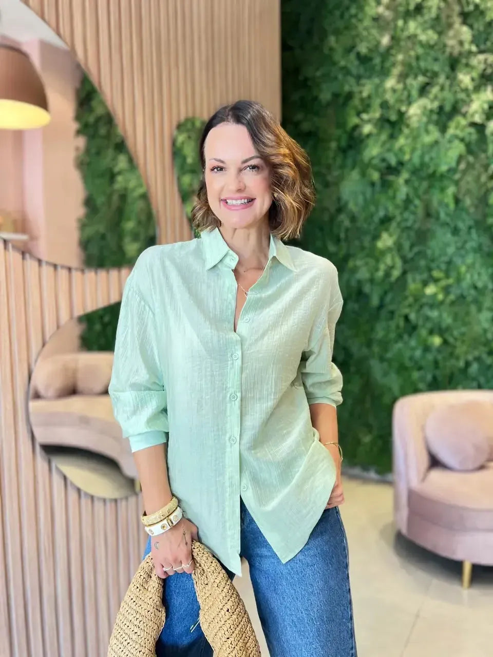 Camisa em Viscose com Poliamida, Verde
