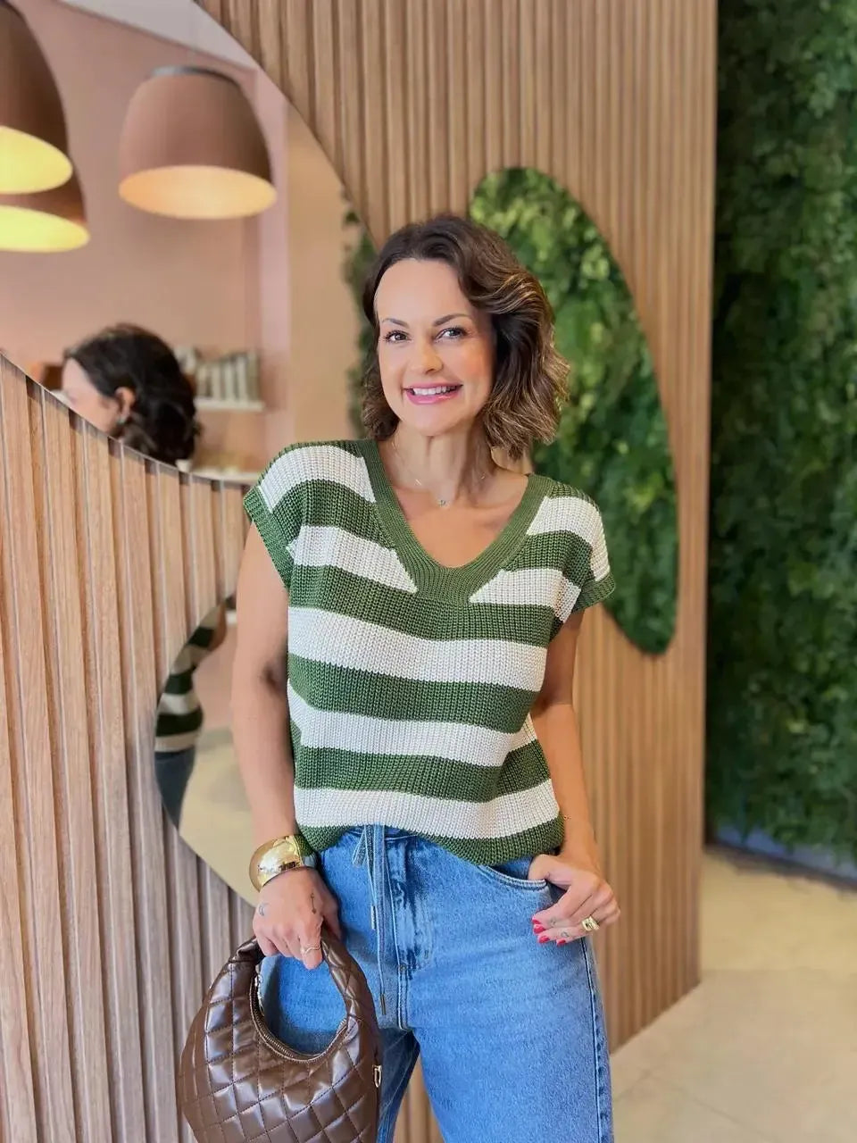 Colete Listrado em Tricô, Verde