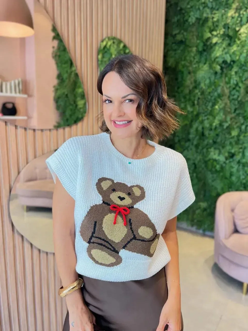 Colete em Tricô Estampa Urso, Off White