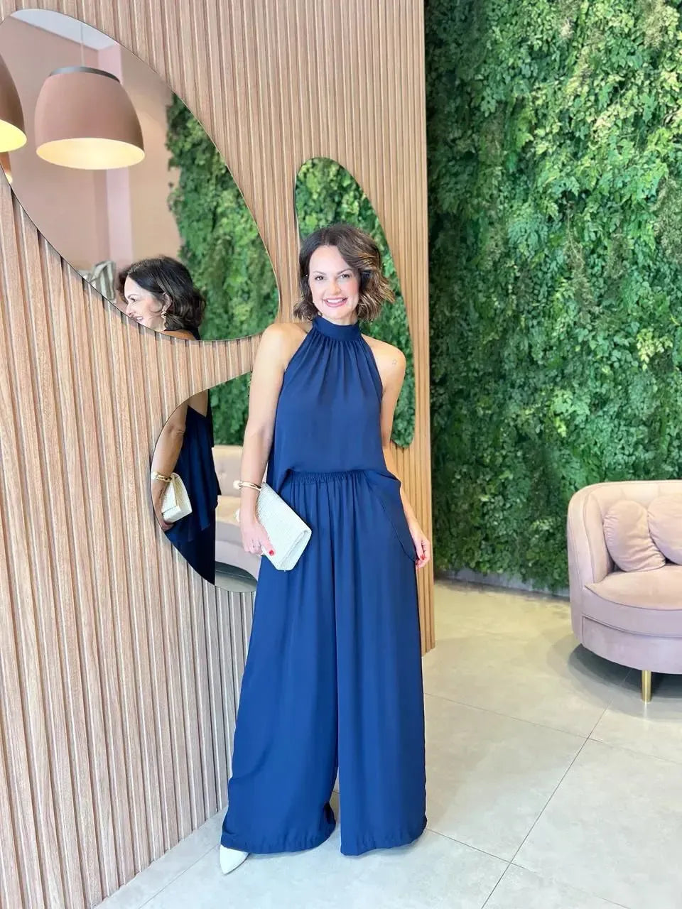 Conjunto Blusa + Calça Pantalona em Chiffon, Azul Marinho