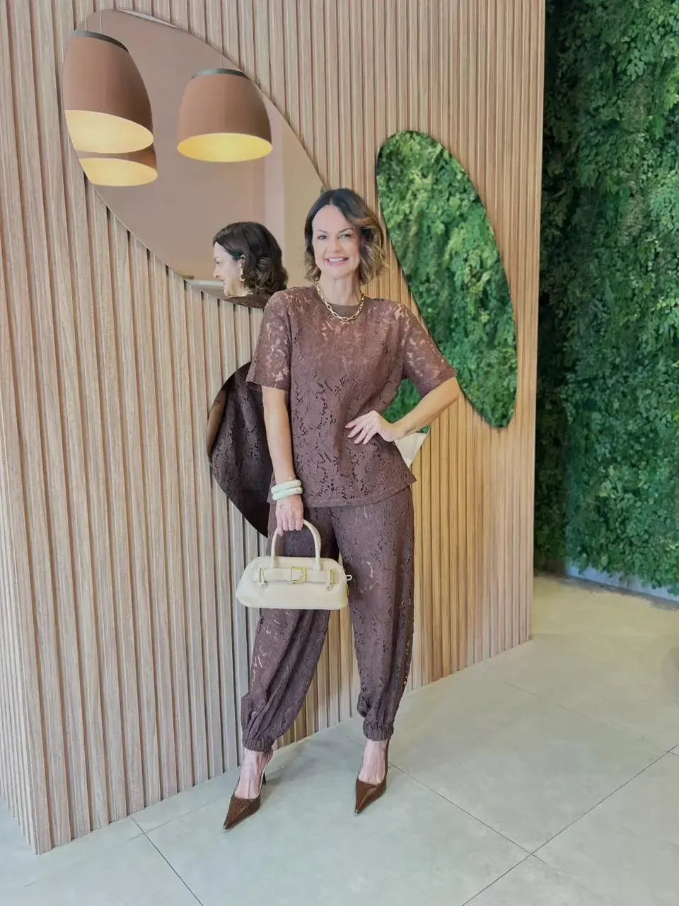 Conjunto Calça Aladim + Camiseta em Renda, Marrom