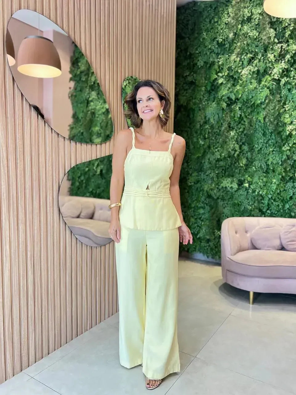 Conjunto Calça + Blusa Alcinha Trançada, Amarelo