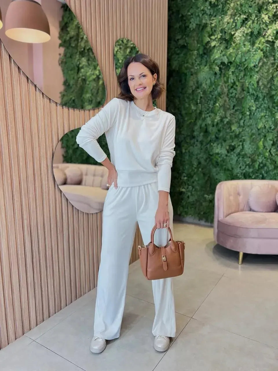 Conjunto Calça + Blusa em Tricô Canelado, Cru