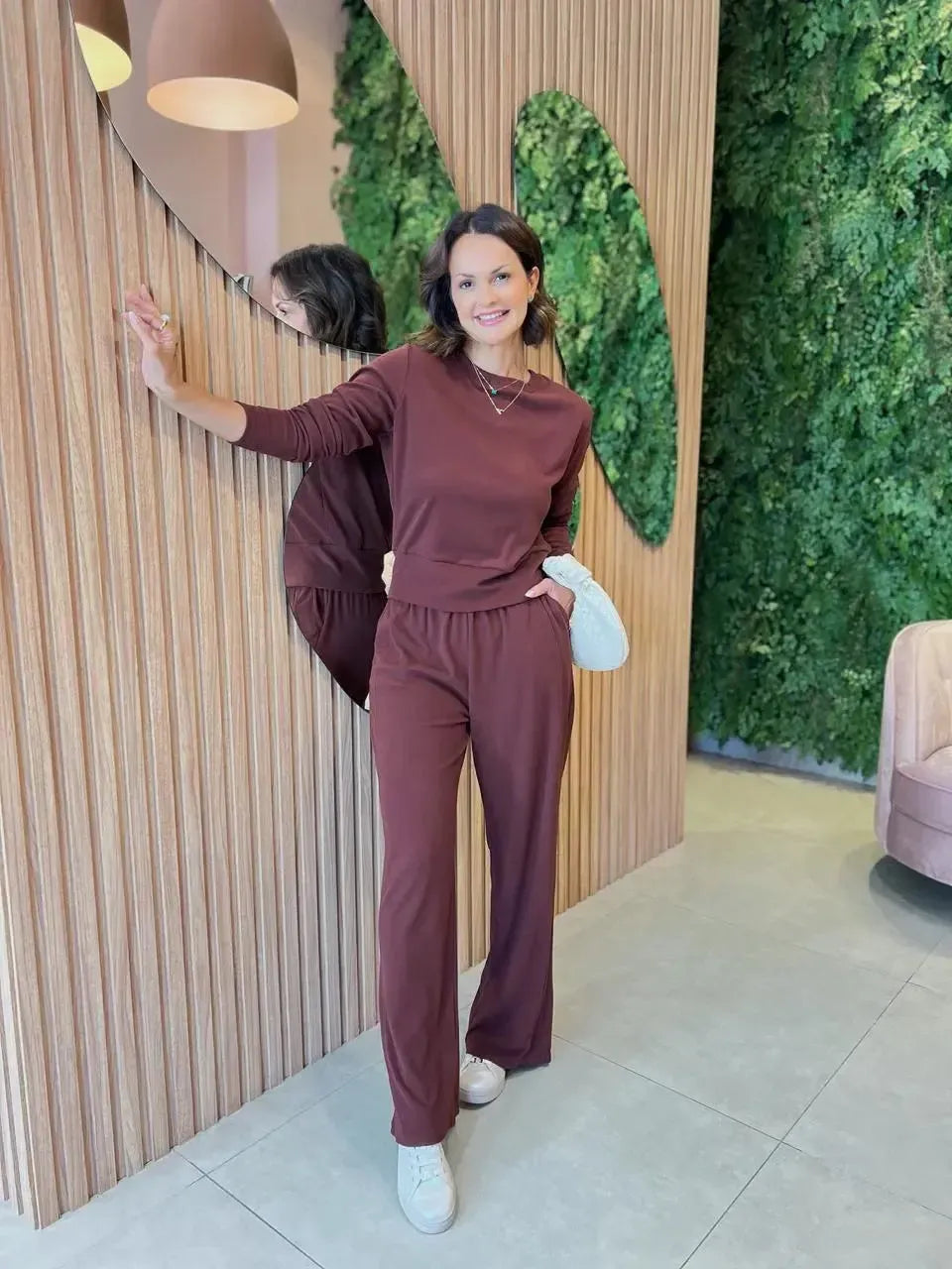 Conjunto Calça + Blusa em Tricô Canelado, Marrom