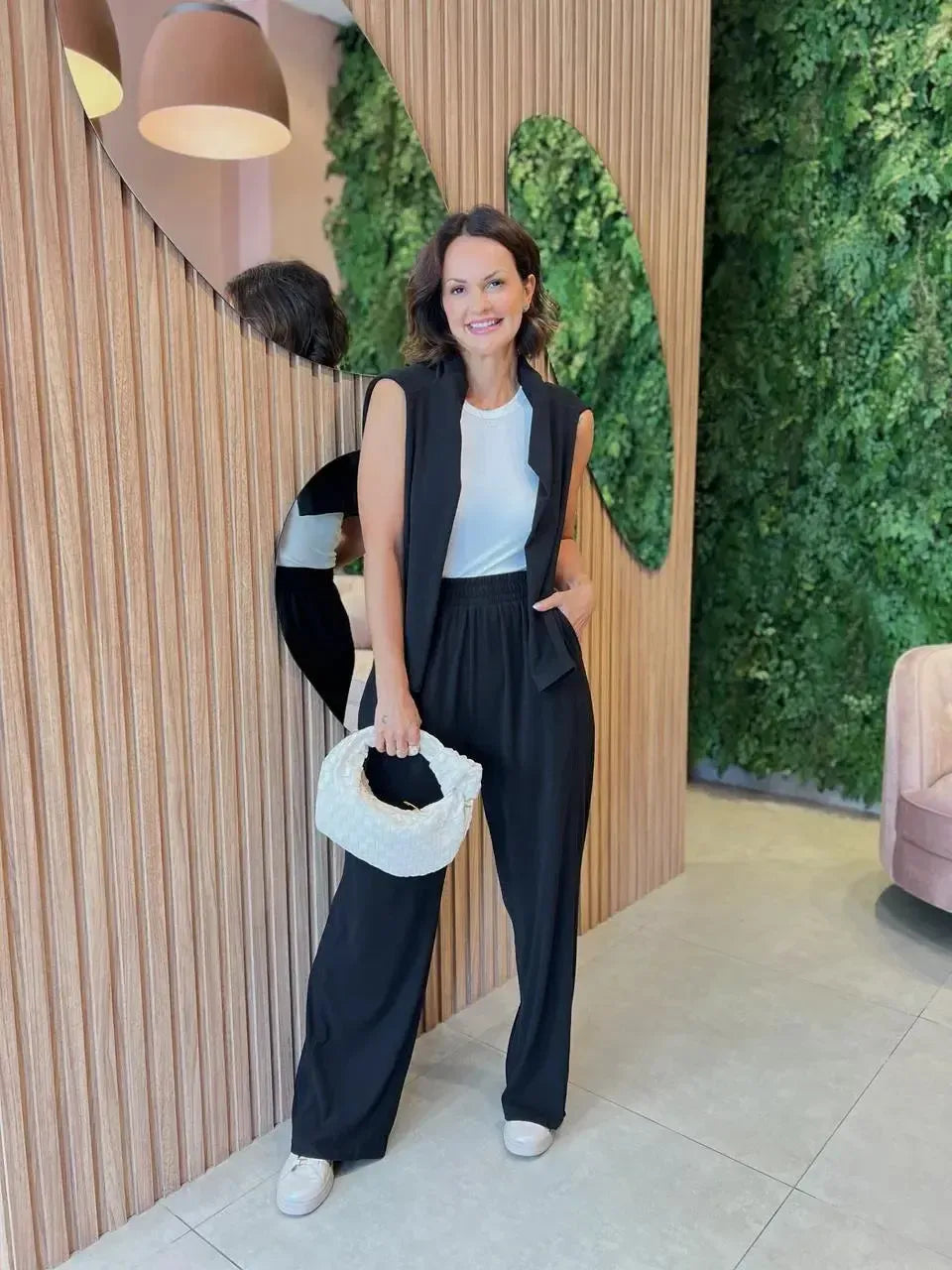 Conjunto Calça + Blusa em Tricô Canelado, Preto