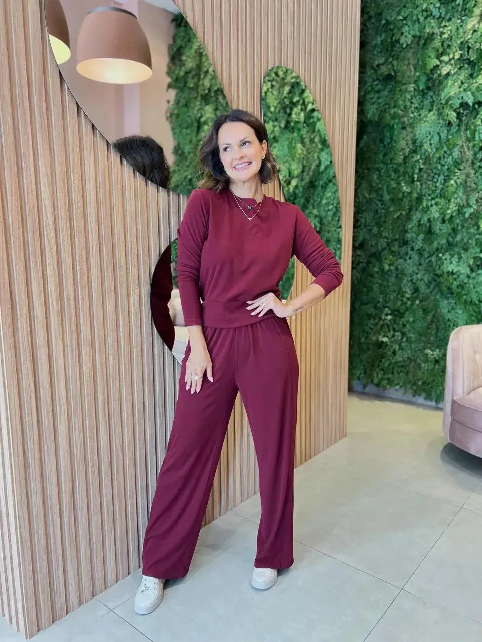 Conjunto Calça + Blusa em Tricô Canelado, Vinho