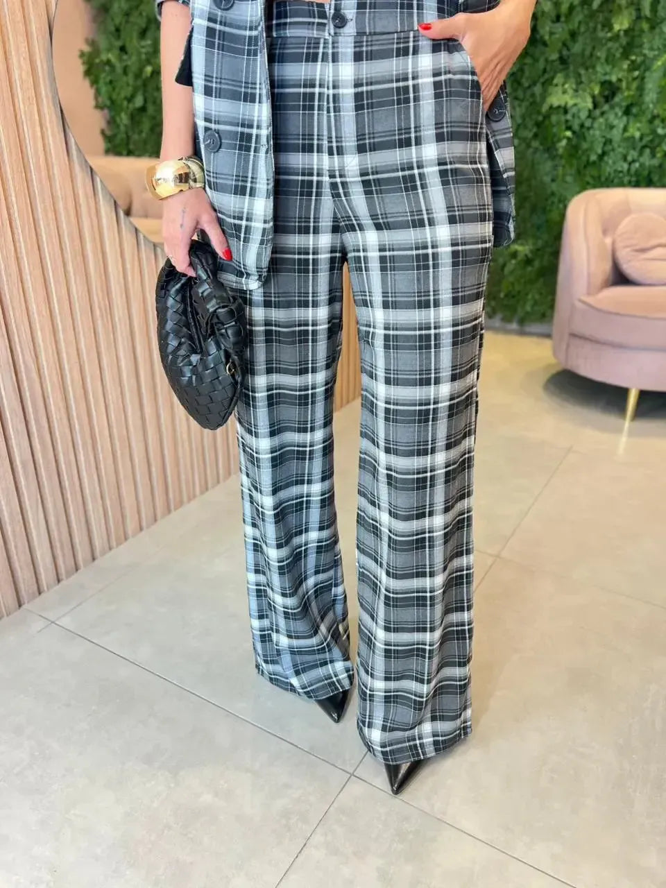 Conjunto Calça + Cropped, Xadrez Preto com Off White