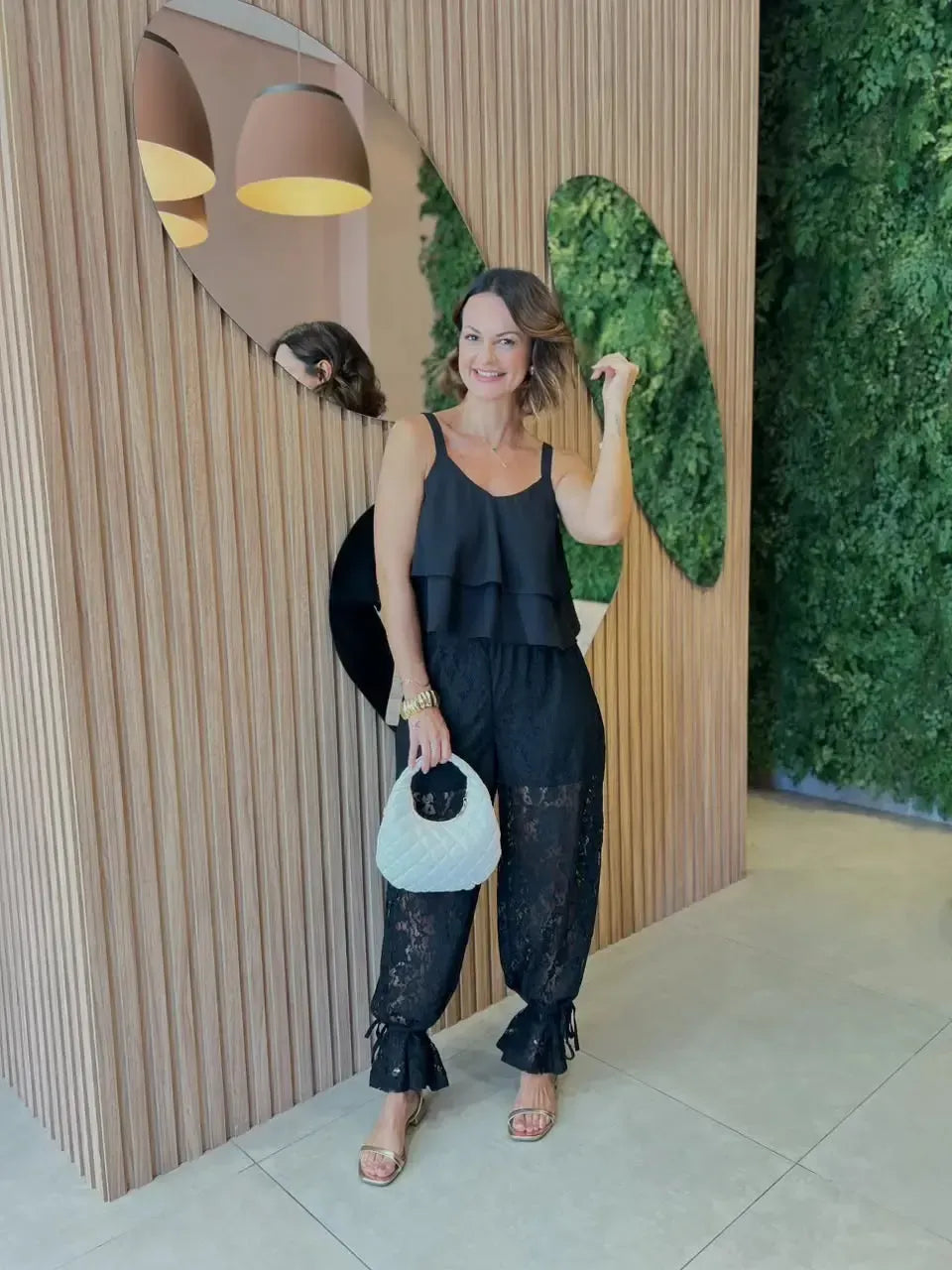 Conjunto Calça Renda + Blusa Em Camadas, Preto