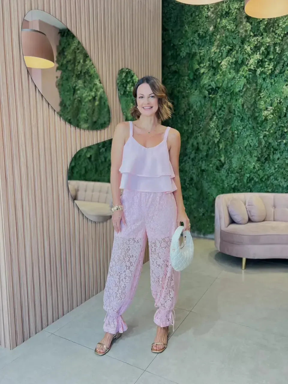 Conjunto Calça Renda + Blusa Em Camadas, Rosa