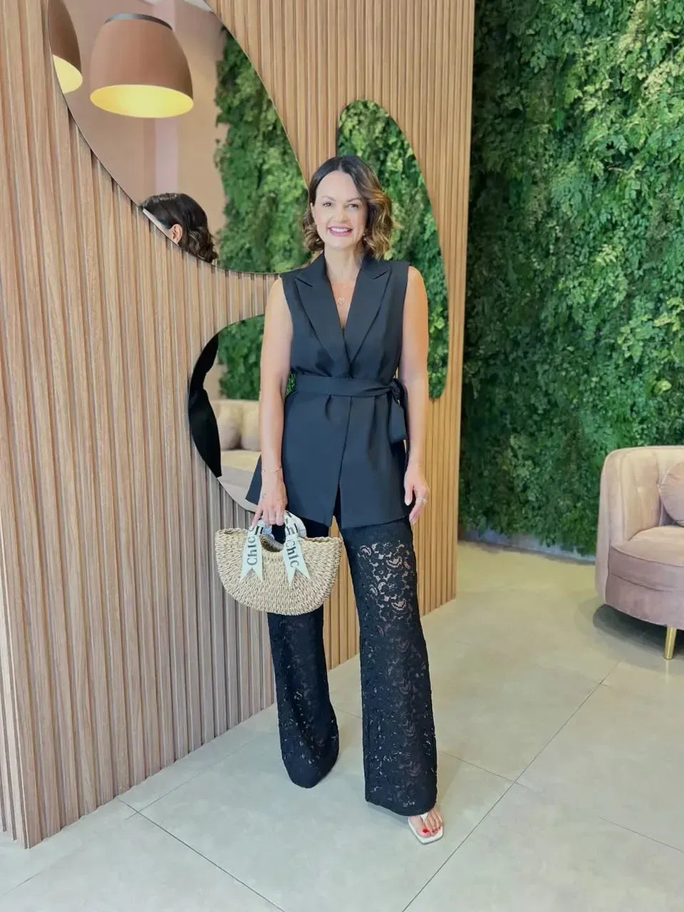 Conjunto Calça Renda + Máxi Colete em Alfaiataria, Preto