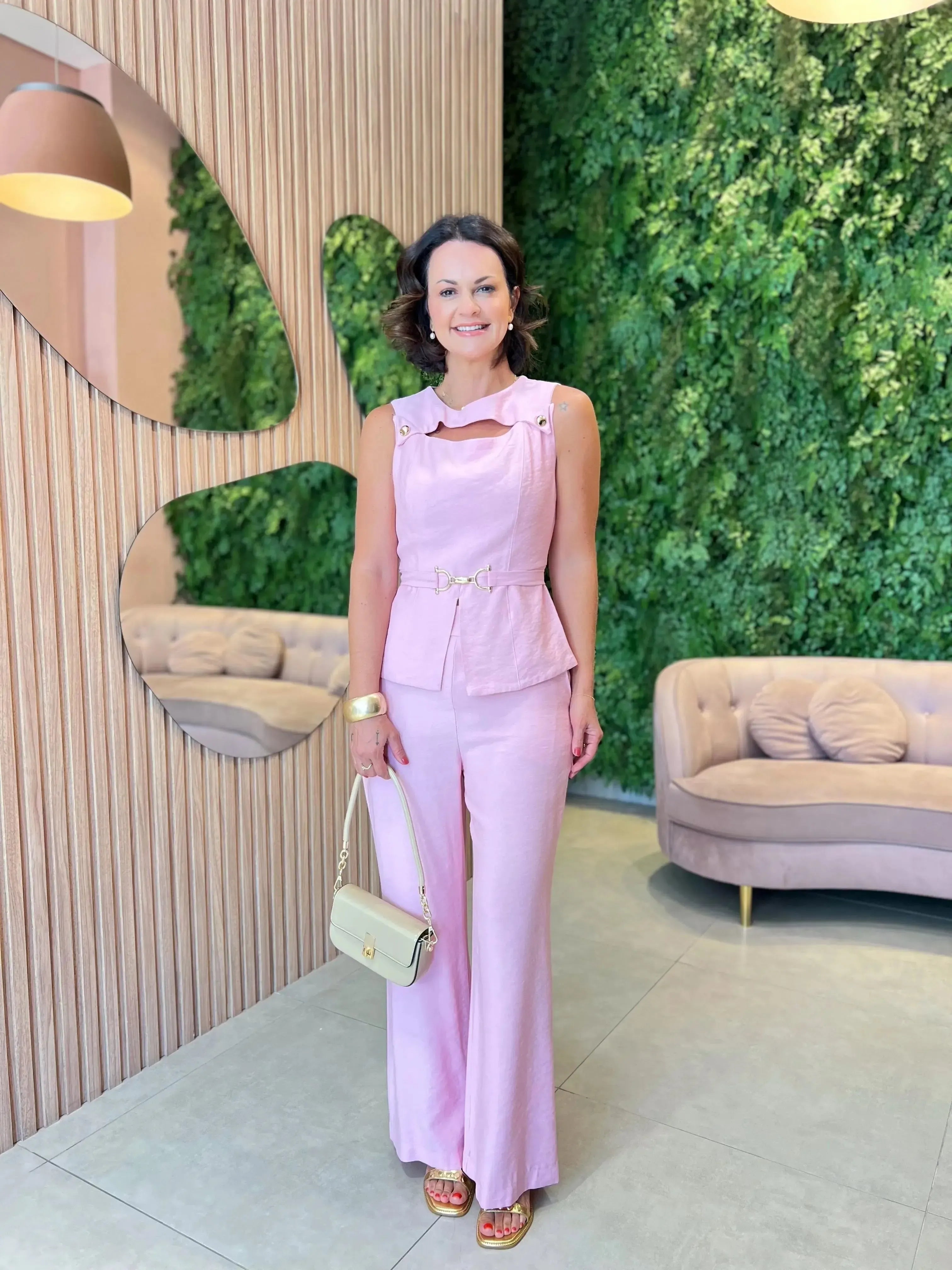 Conjunto Calça com Cinto + Regata com Abertura, Rosa