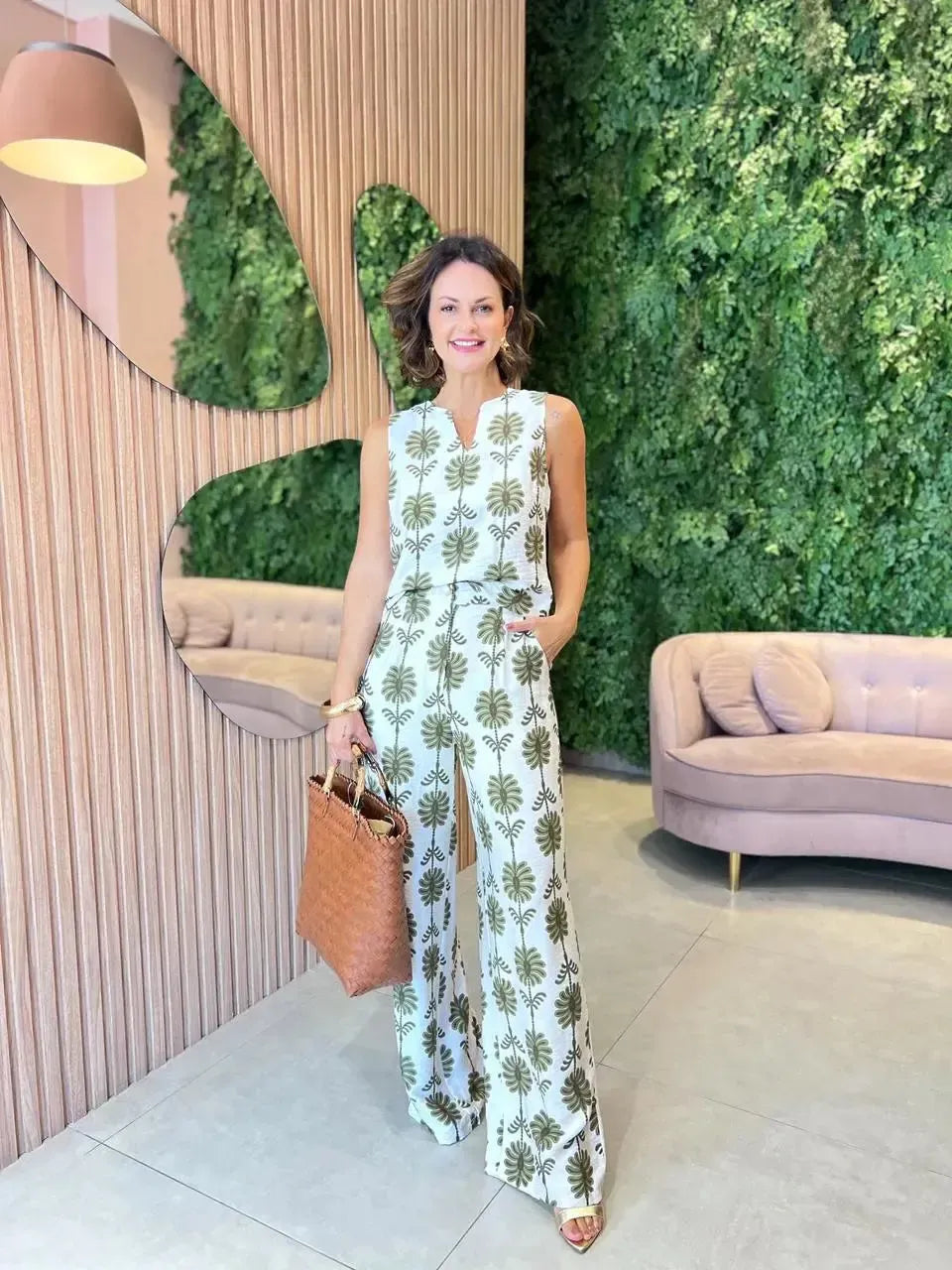 Conjunto Estampado Floral Calça + Regata, Verde