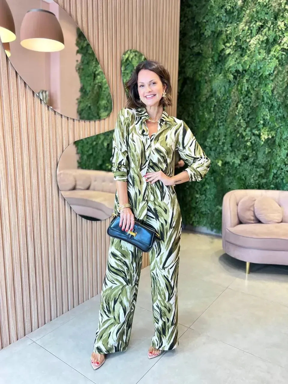 Conjunto Estampado em Viscose Camisa + Calça, Verde