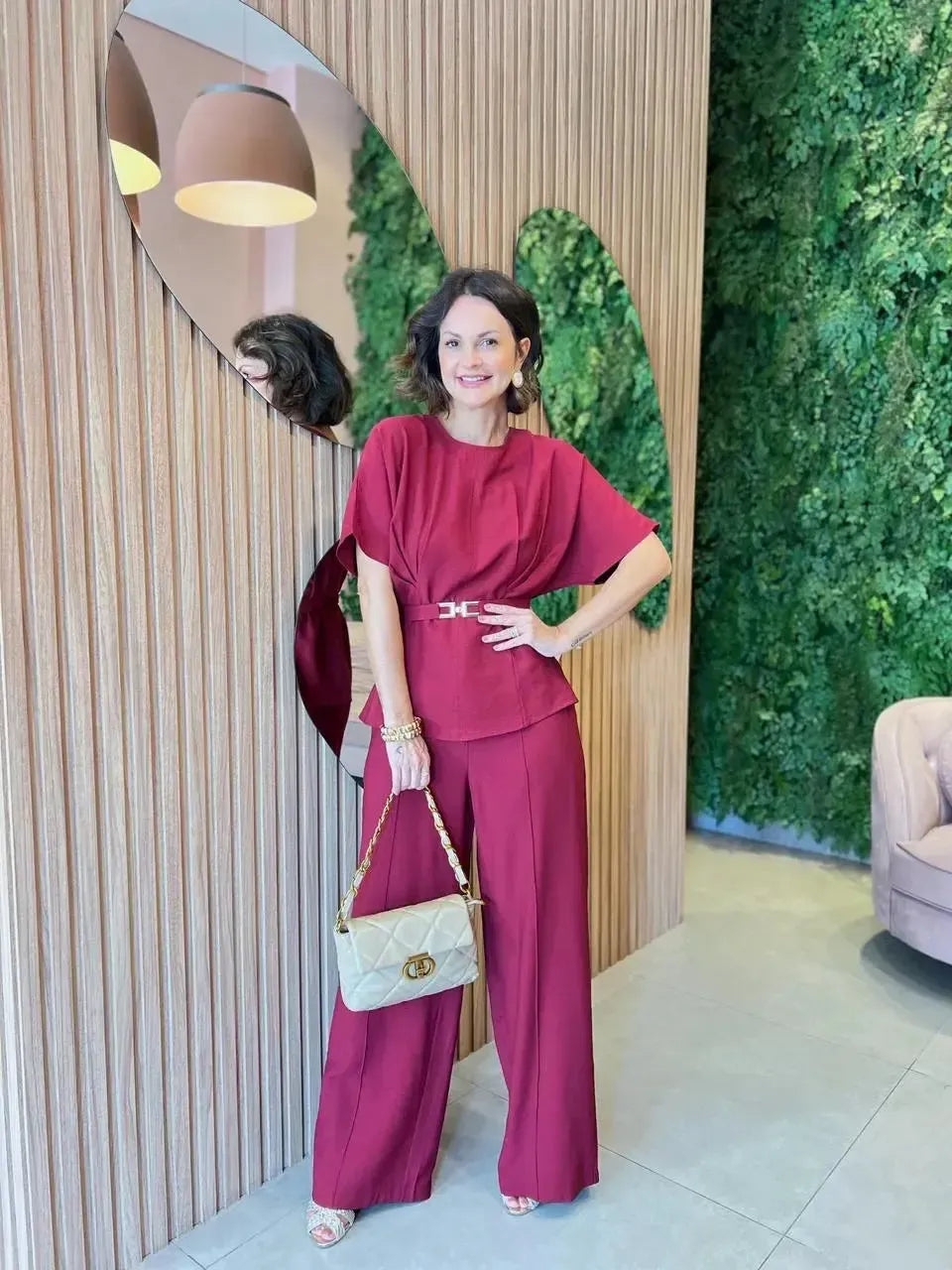 Conjunto Marrante Blusa + Calça com Cinto, Marsala