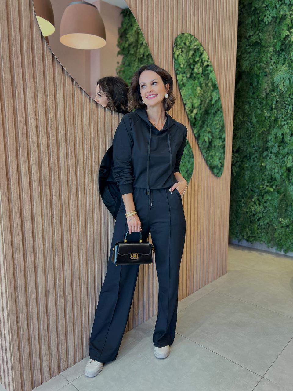 Conjunto Moletom Calça + Blusa com Capuz, Preto