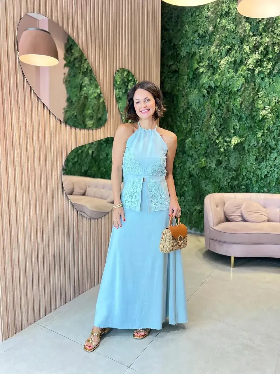 Conjunto Saia + Blusa Frente Única com Renda, Azul