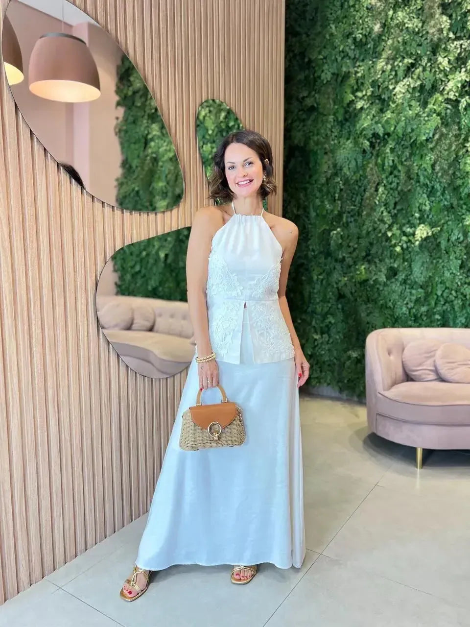 Conjunto Saia + Blusa Frente Única com Renda, Off White