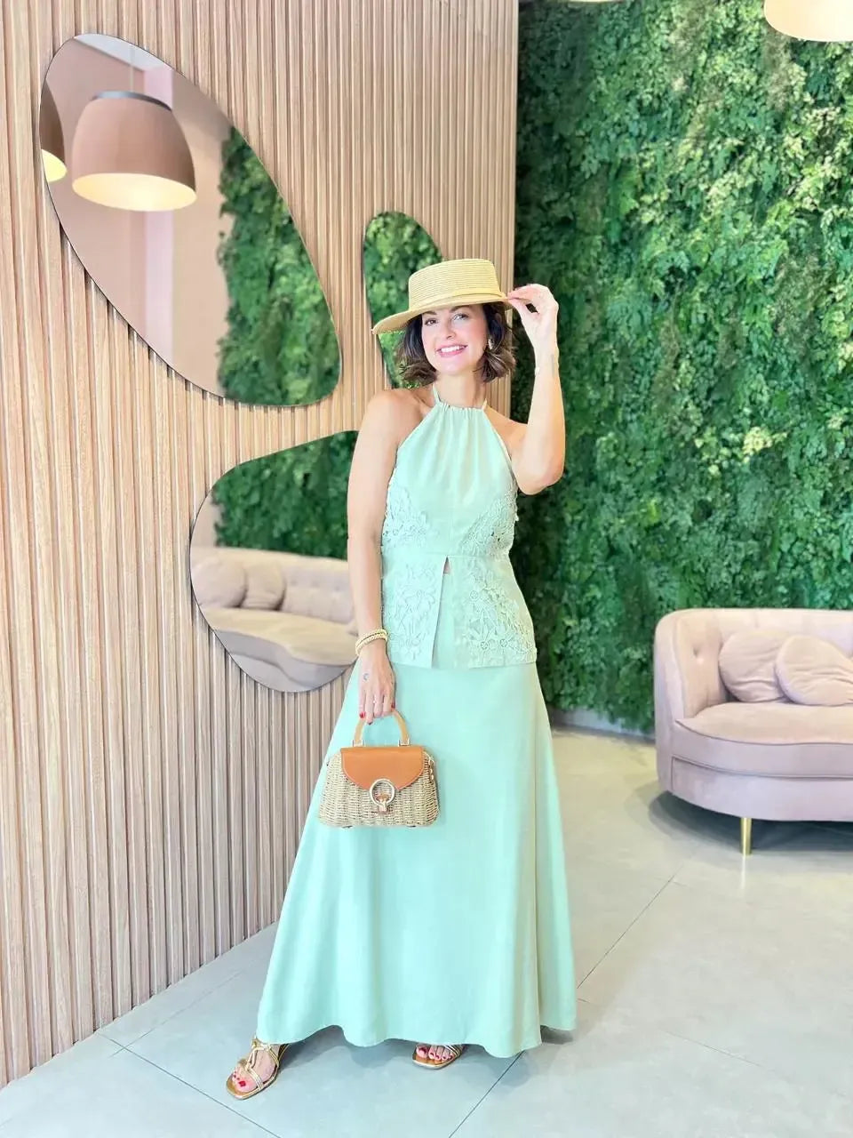 Conjunto Saia + Blusa Frente Única com Renda, Verde