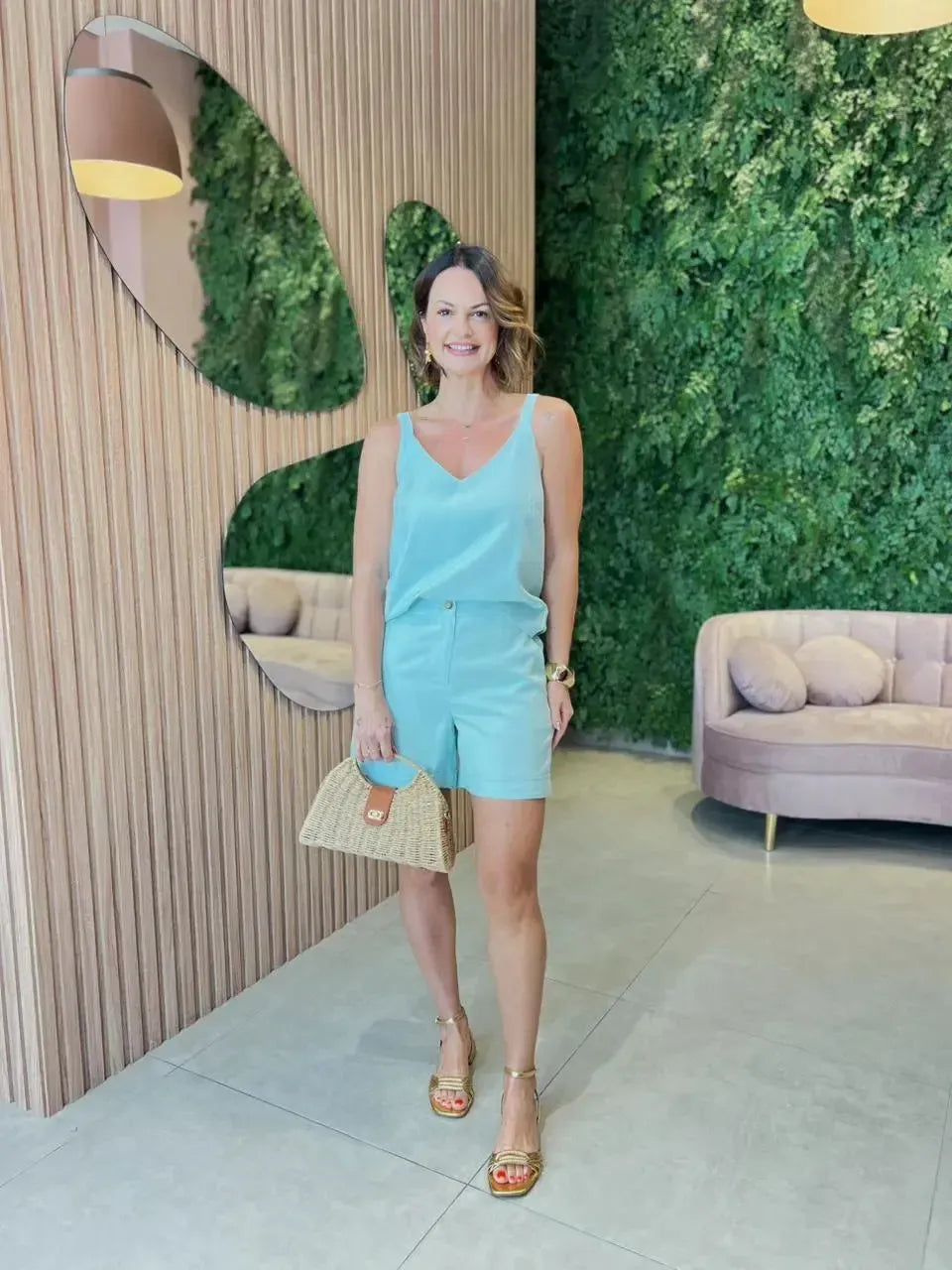 Conjunto Shorts + Regata com Detalhe nas Costas, Verde Menta