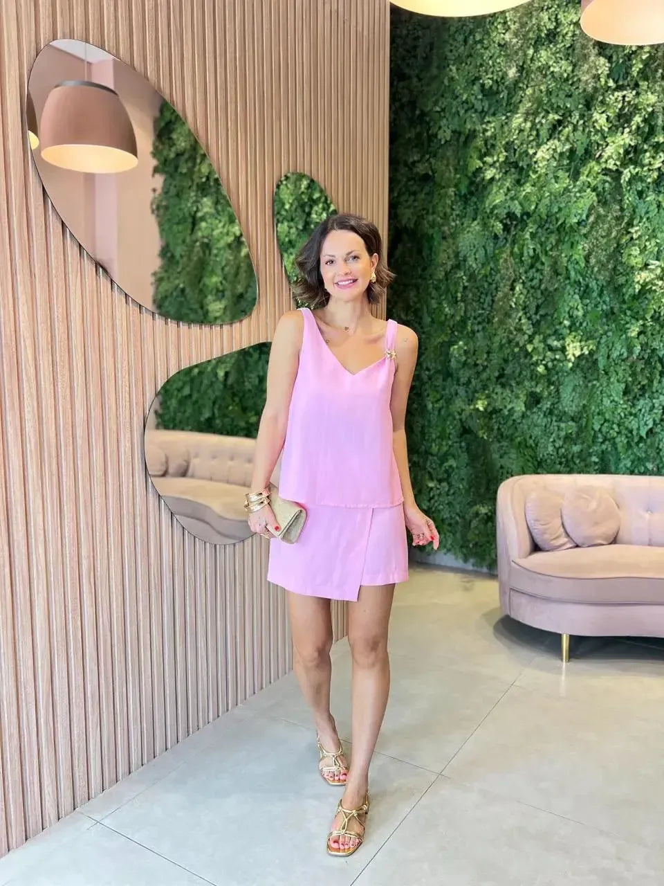 Conjunto Shorts Saia + Blusa Regata com Detalhe de Estrela, Rosa