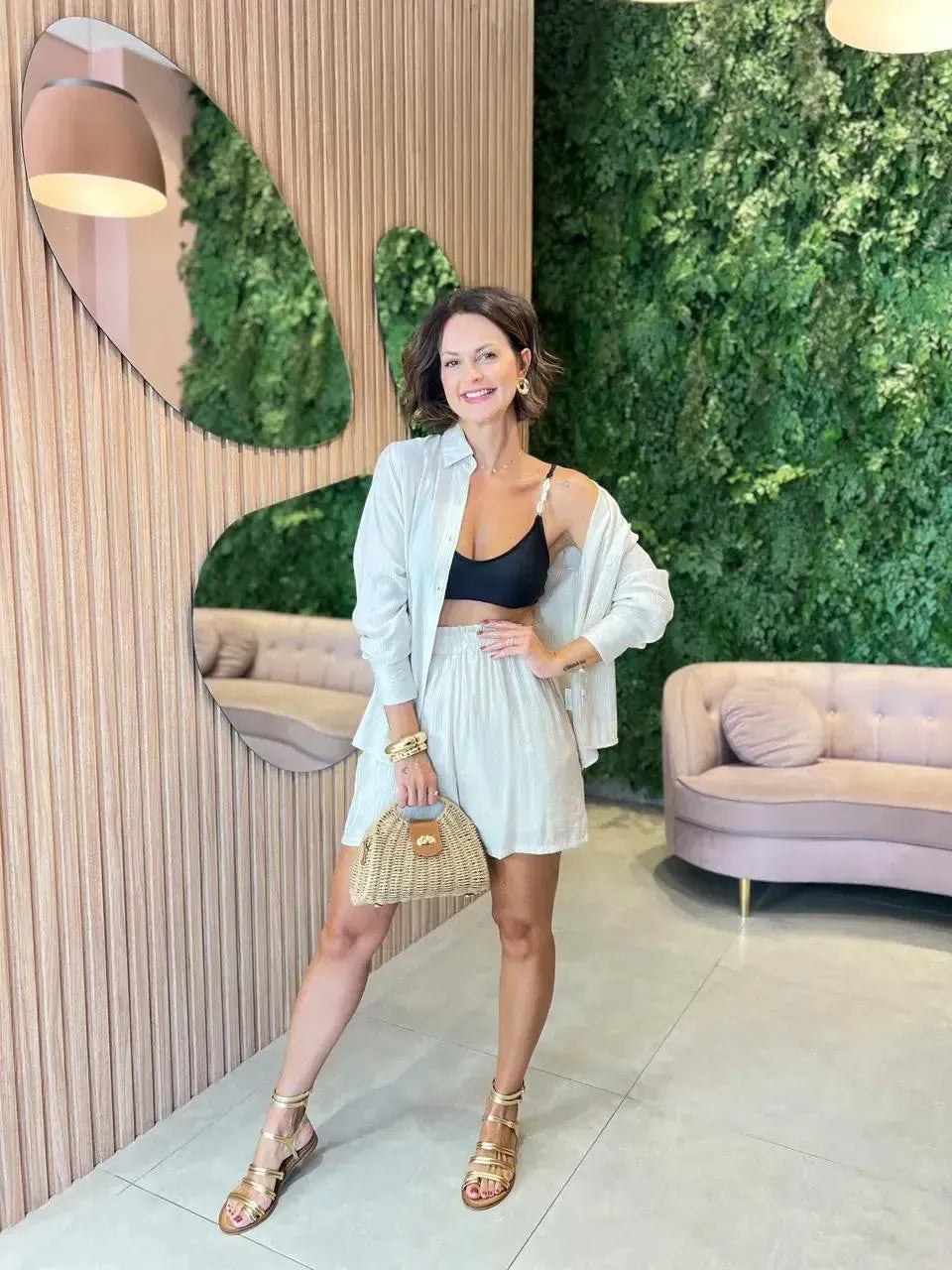 Conjunto em Viscose Shorts + Camisa, Cru