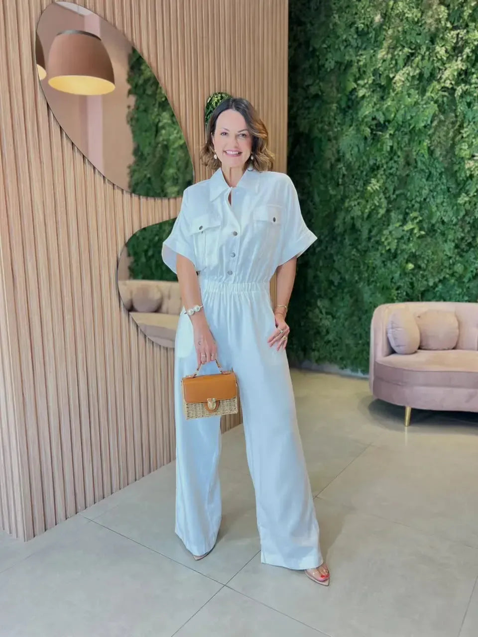 Macacão Em Marrante Com Elastico Na Cintura, Off White