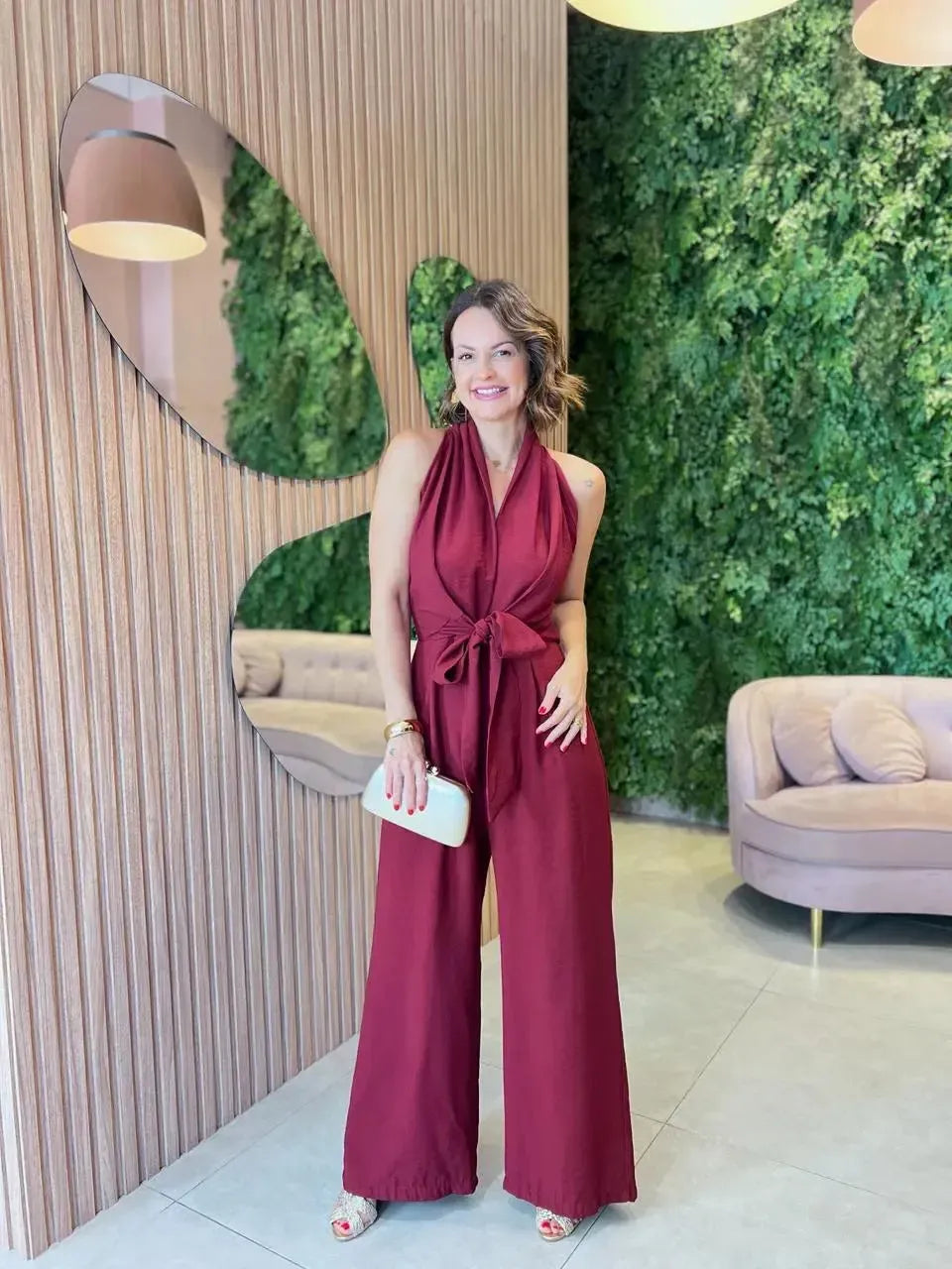 Macacão Pantalona Amarração Frontal, Marsala