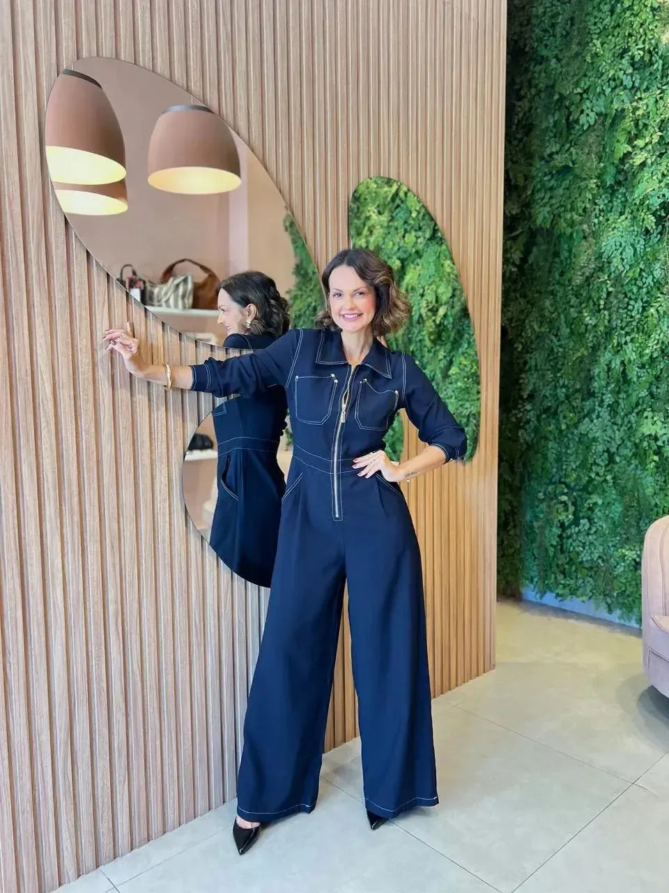 Macacão Pespontado com Ziper, Azul Marinho