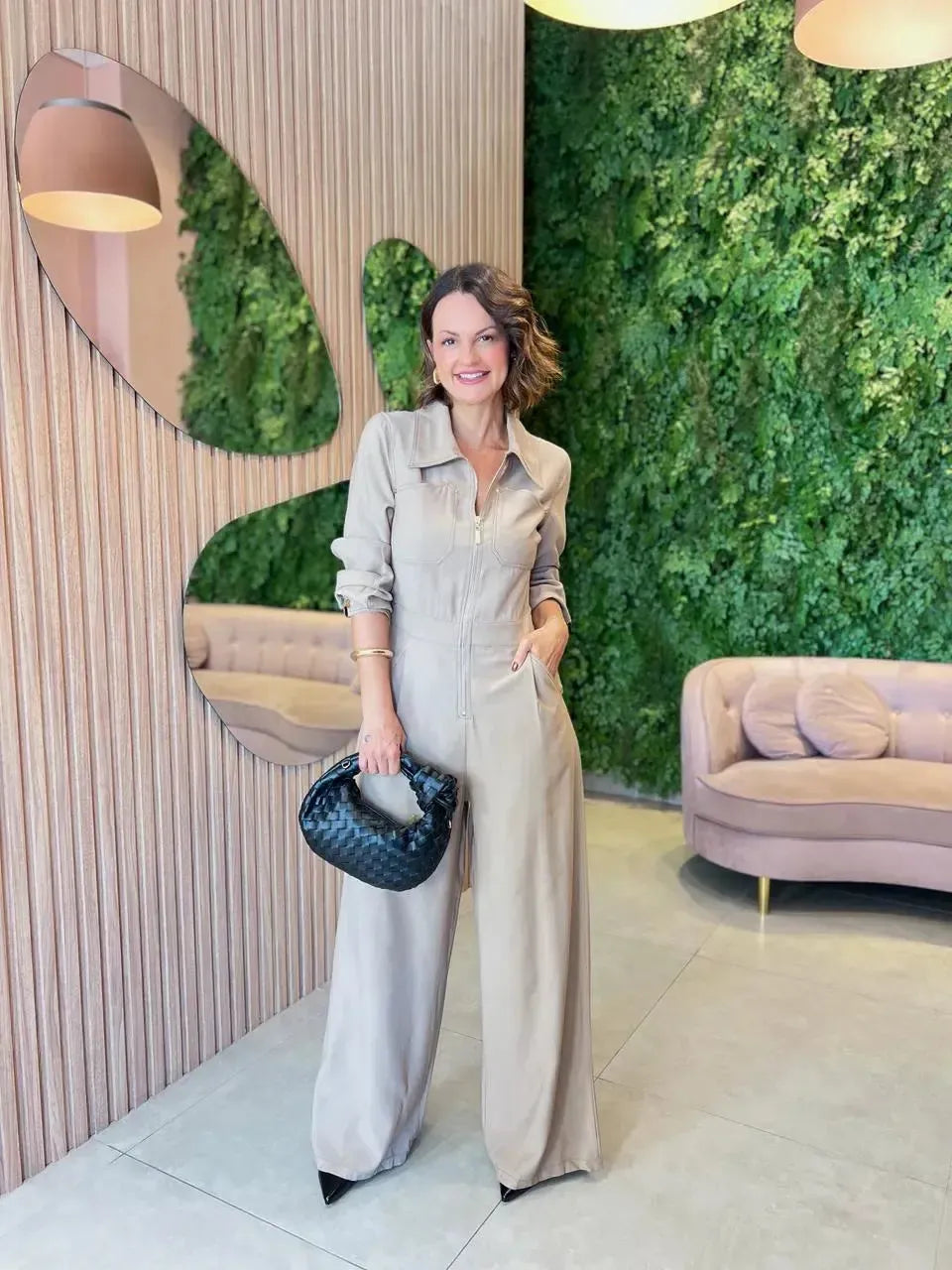 Macacão Pespontado com Ziper, Caqui