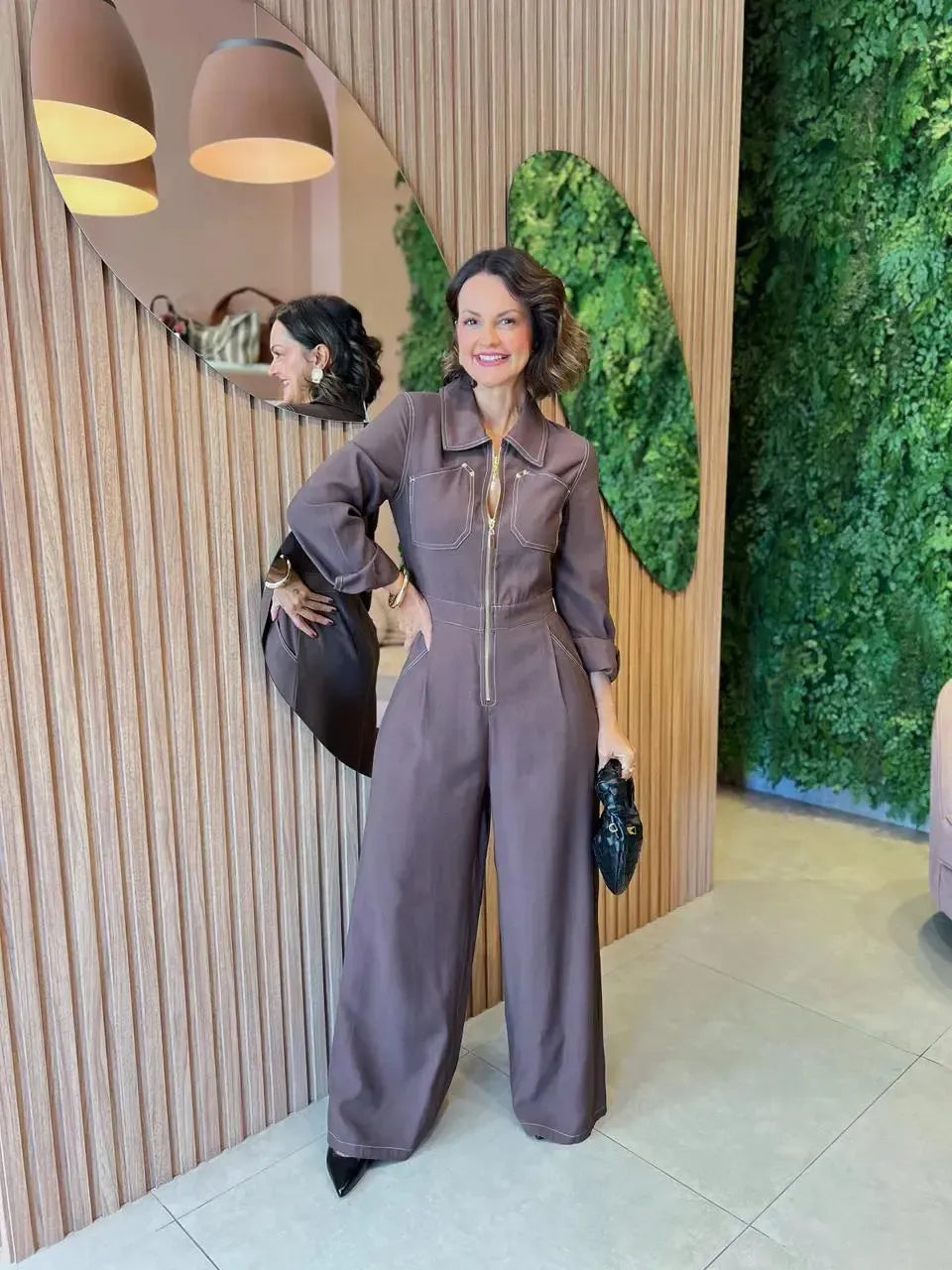 Macacão Pespontado com Ziper, Marrom