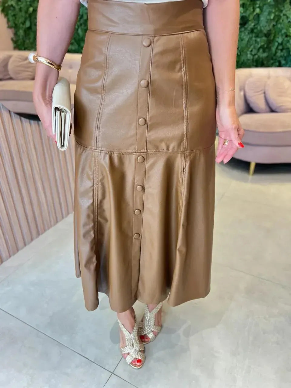 Saia Midi Couro Eco, Caramelo