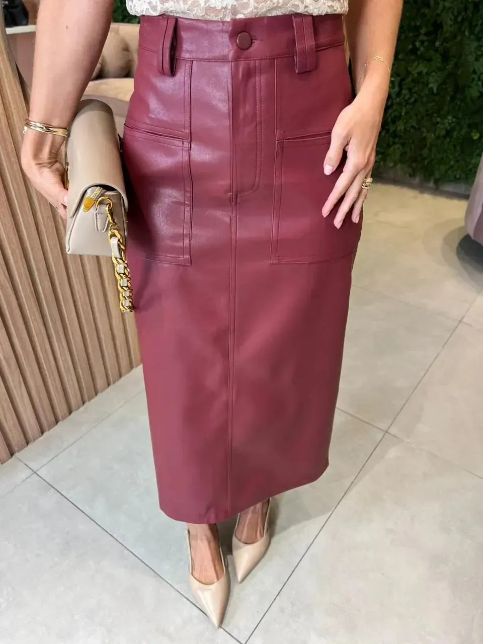 Saia Midi em Couro Eco, Marsala