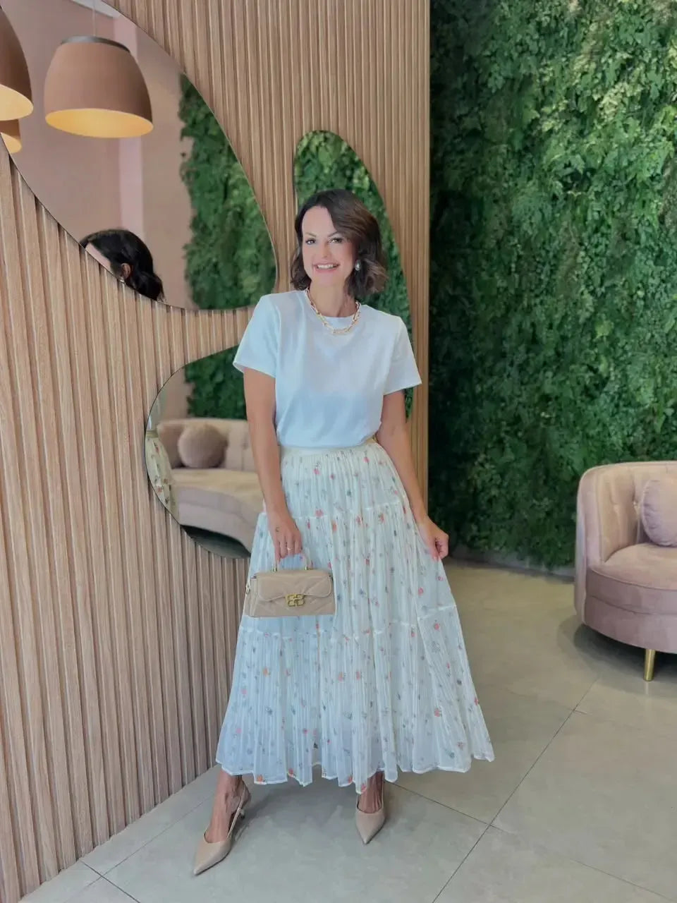 Saia Plissada com Estampa Floral