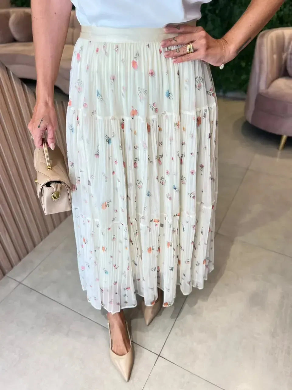 Saia Plissada com Estampa Floral