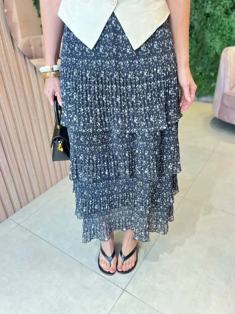 Saia em Camadas, Preto Mini Floral