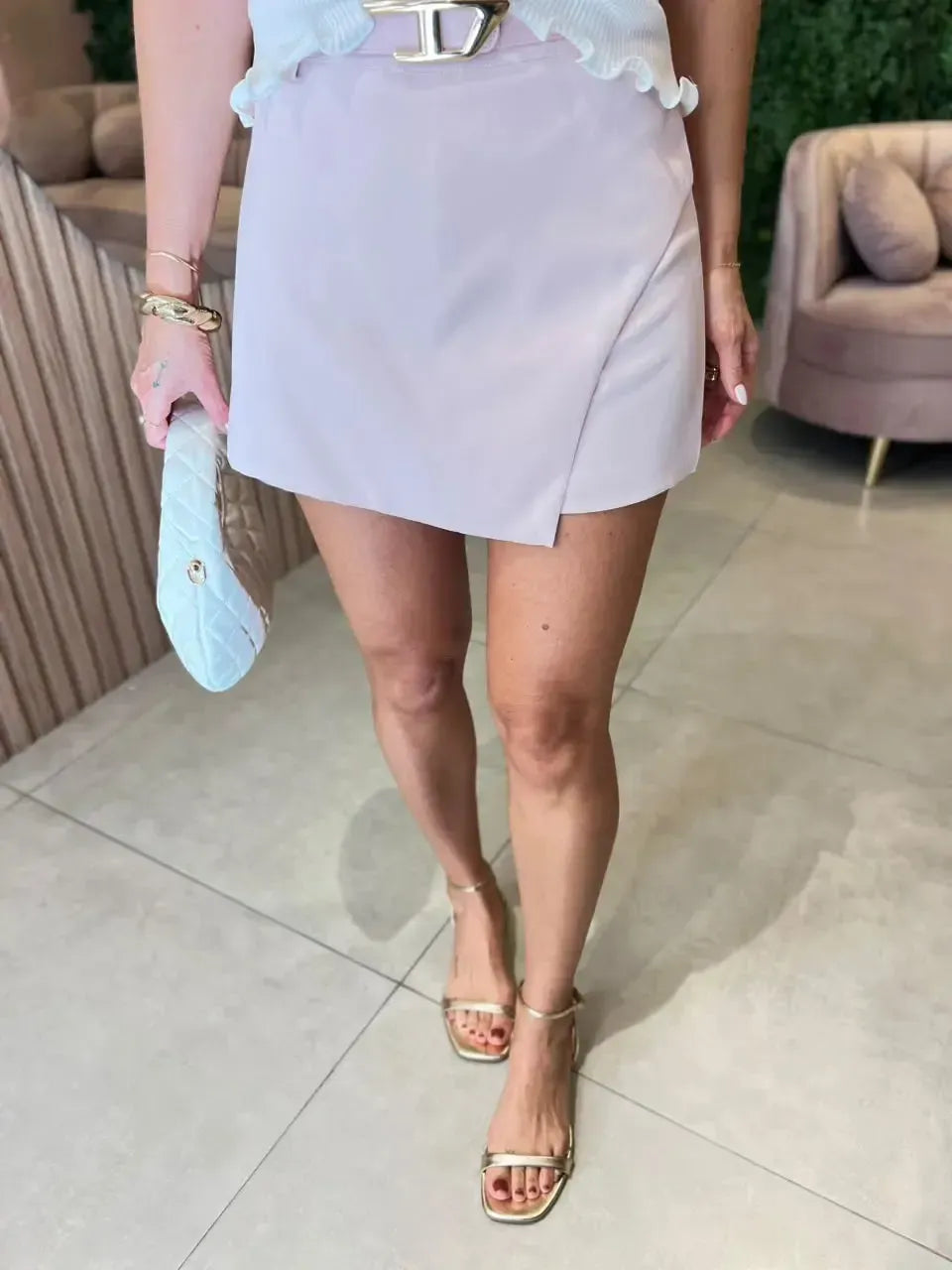 Shorts Saia em Alfaiataria com Cinto, Rosa